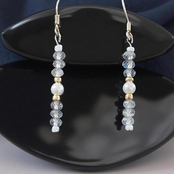 Dainty Labradorite & Pearl Earrings • Sterling Silver • Gold-Tone Accents - Picture 6 of 12